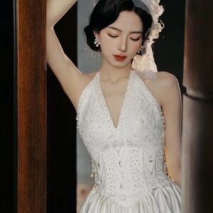 YesStyle Embellished Tie Front Halter Gown in White